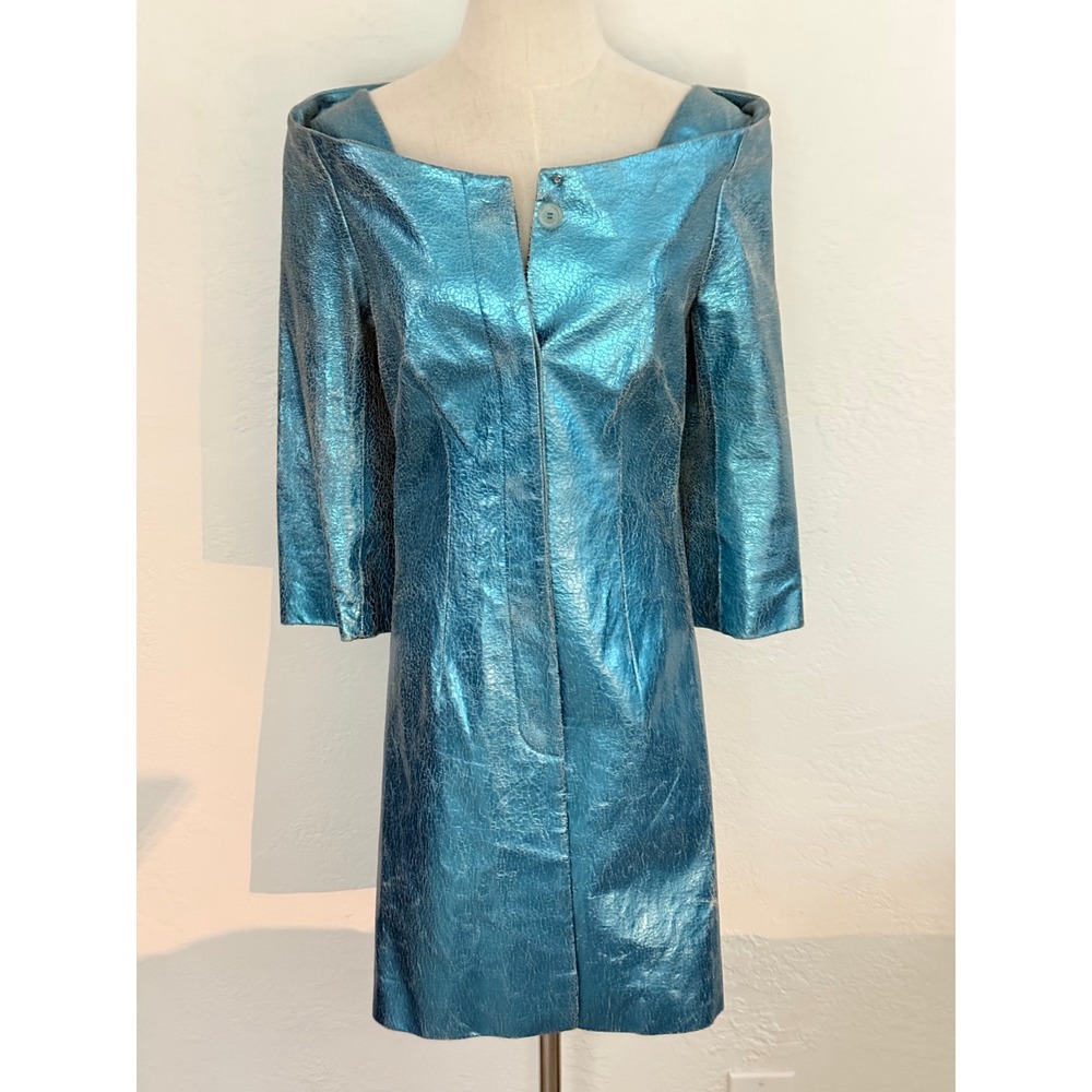 VTG Christina Perrin Teal Blue Foil Leather Potrait Collar Dress Coat Y2K Size 4